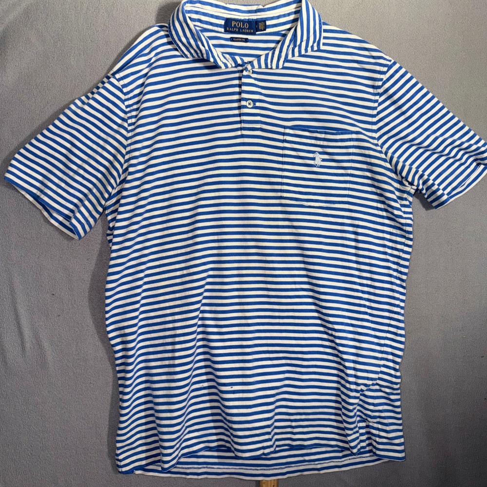Polo Ralph Lauren Medium Blue White Striped Pocket Polo Shirt Preppy Nautical